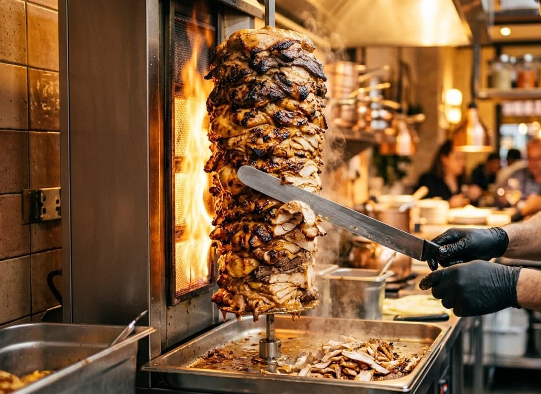 Chef slicing succulent shawarma from spit